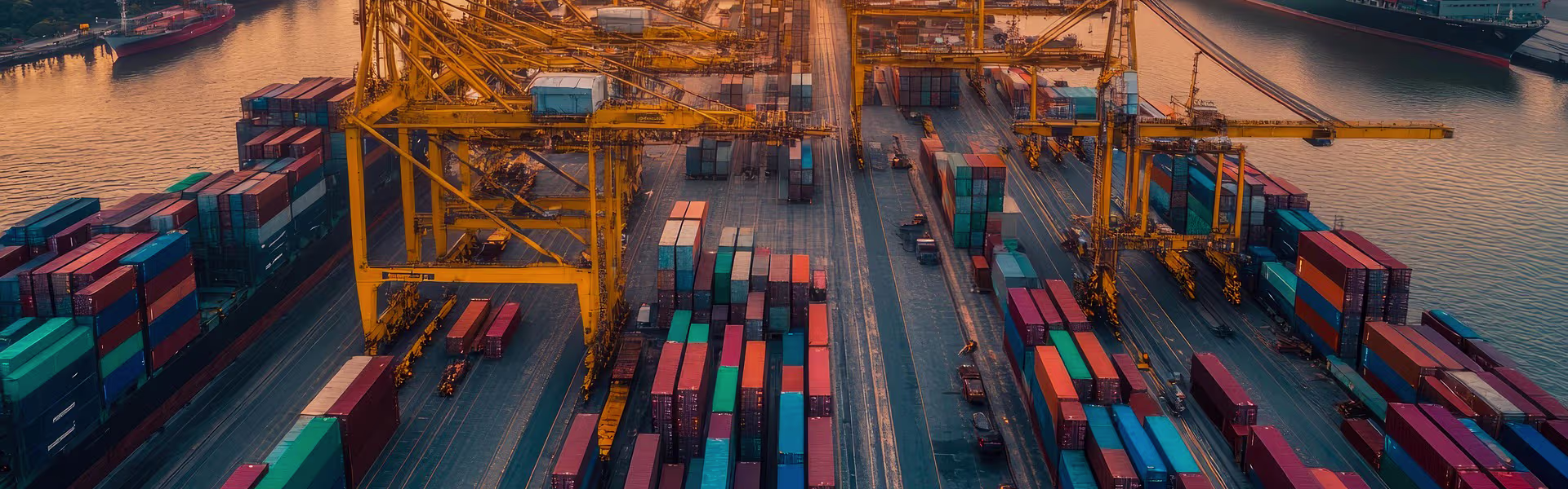 AMG team working at busy port terminal with containers and cranes in background