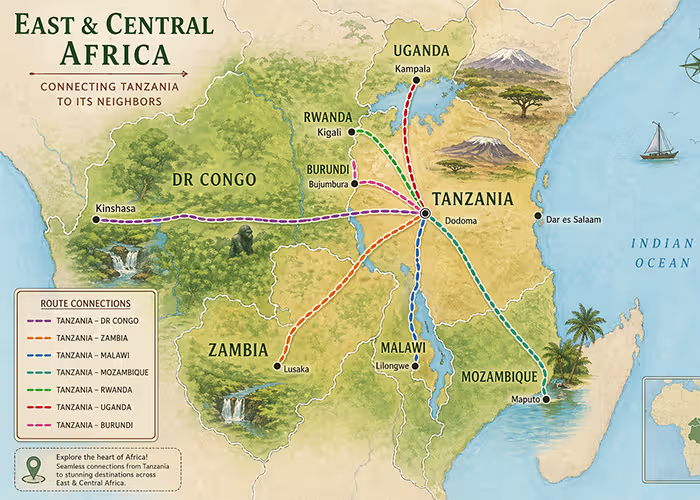 Illustrated map of East & Central Africa with highlighted routes from Tanzania to DR Congo, Zambia, Malawi, Mozambique, Rwanda, Uganda, and Burundi